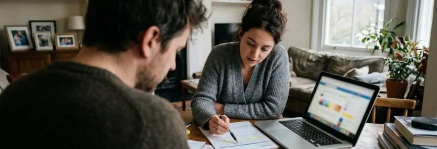 Un couple assis à une table de salon examine des documents financiers sur un ordinateur portable, éclairage naturel de fenêtre