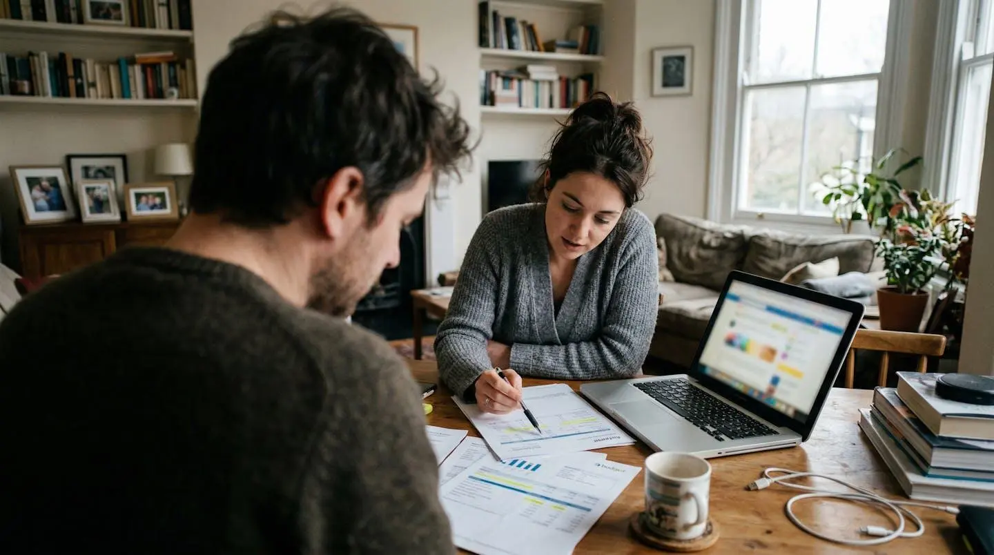 Un couple assis à une table de salon examine des documents financiers sur un ordinateur portable, éclairage naturel de fenêtre