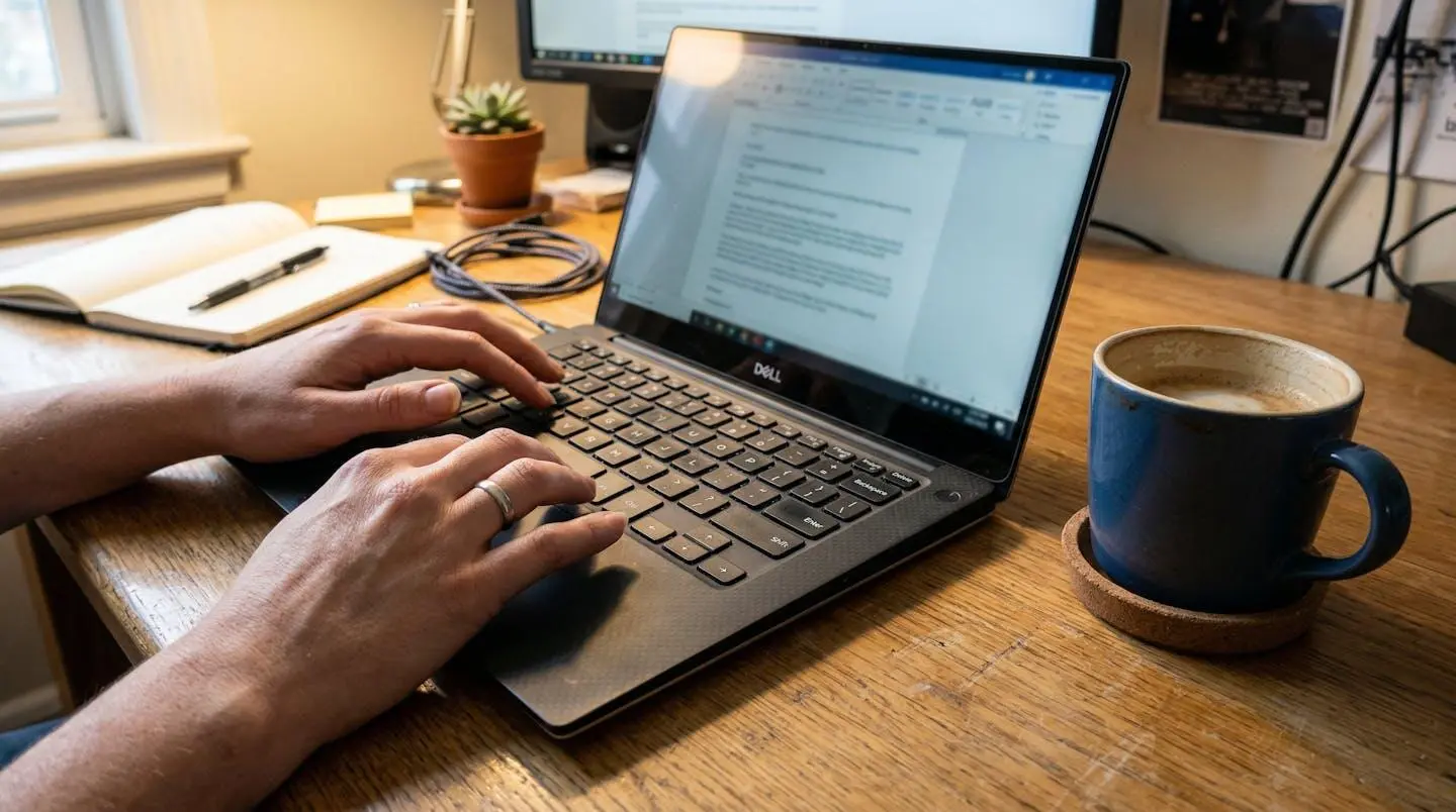 Mains tapant sur un clavier d'ordinateur portable posé sur un bureau à domicile, tasse de café à proximité