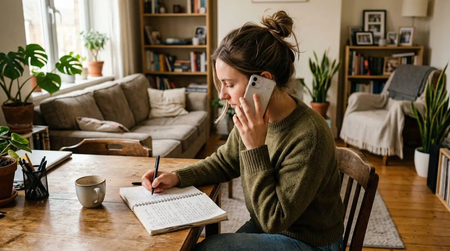 Personne de profil au téléphone dans un salon, prenant des notes sur un carnet, lumière d'après-midi