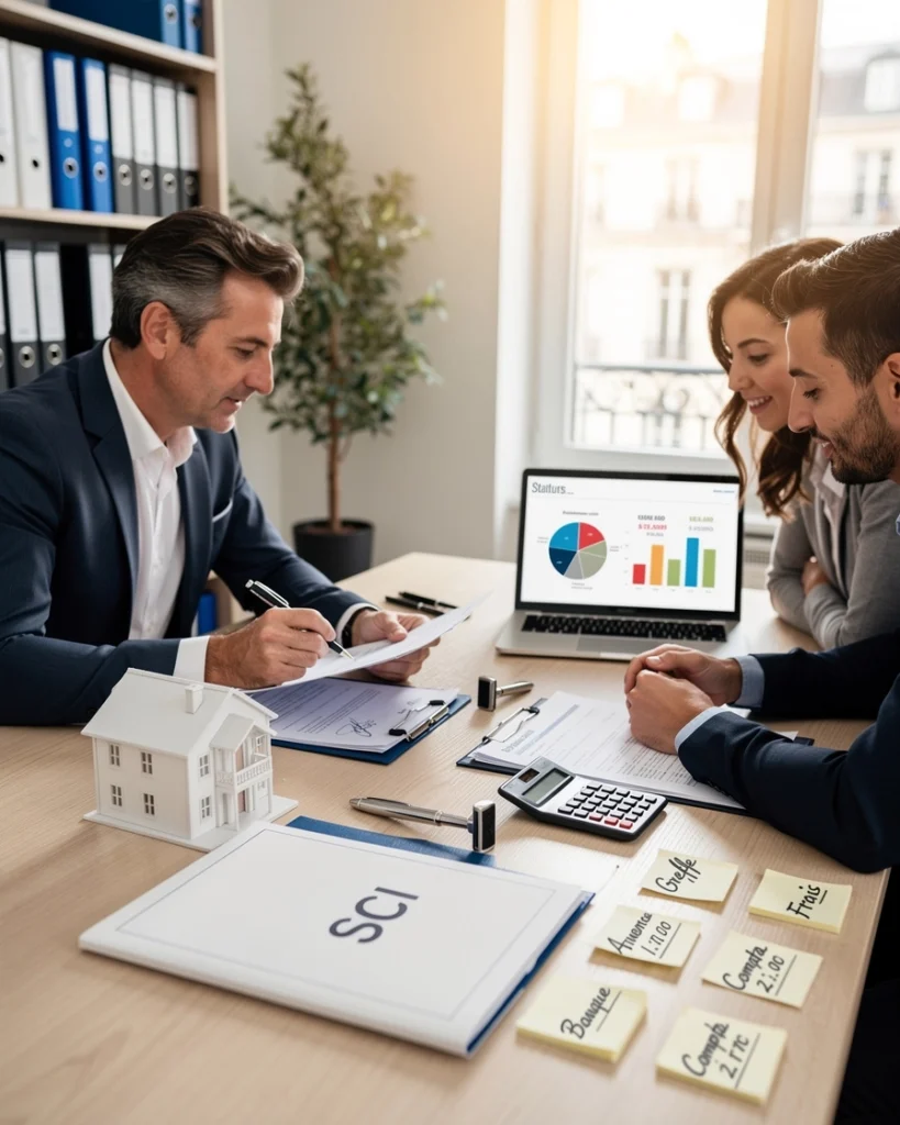 un couple discute de la création d'une SCI avec un avocat/notaire