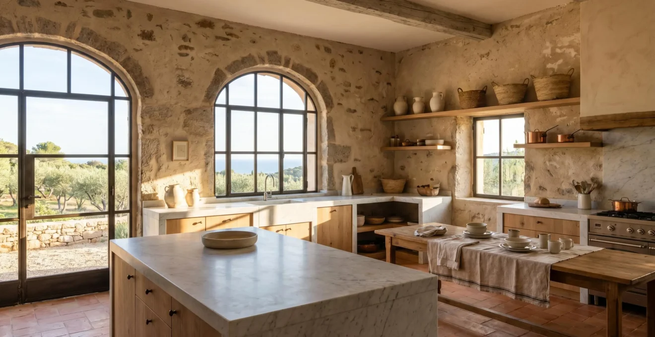 Cuisine rénovée dans une propriété de luxe en Corse, plan de travail en marbre, luminosité naturelle optimisée pour la vente