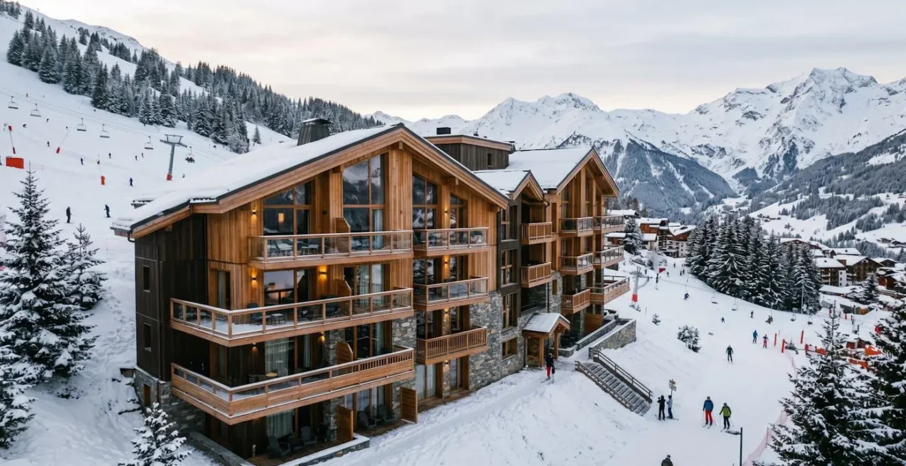 Résidence de tourisme moderne à La Plagne avec façades en bois et pierre, balcons vue sur pistes de ski enneigées