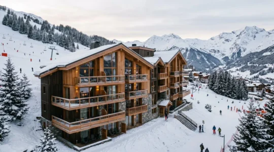 Résidence de tourisme moderne à La Plagne avec façades en bois et pierre, balcons vue sur pistes de ski enneigées