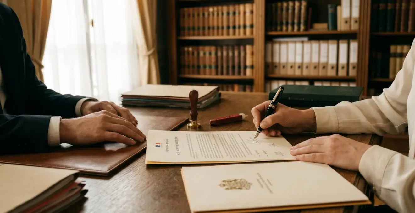 Signature d'acte de vente immobilière chez le notaire avec documents officiels