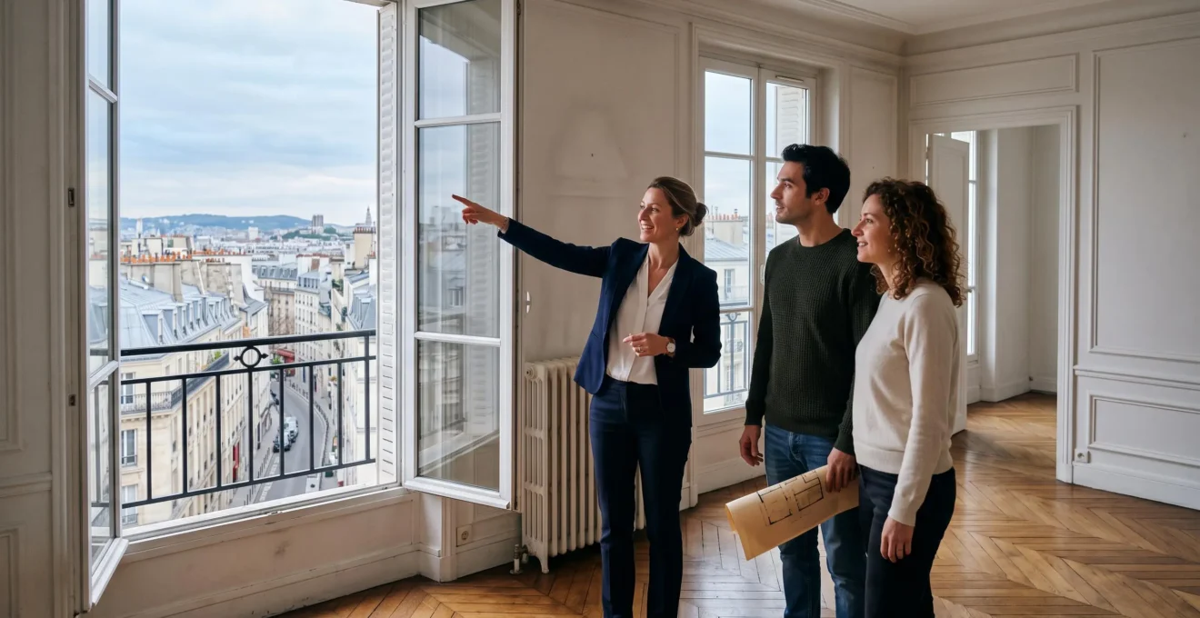 Un agent immobilier montre la vue dégagée depuis la fenêtre d'un appartement vide à un couple venue visiter.