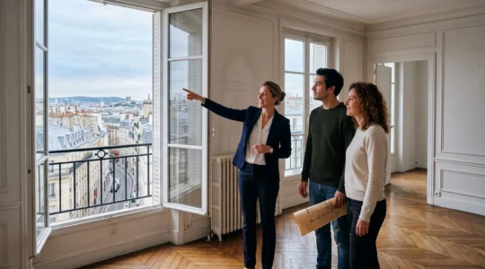 Un agent immobilier montre la vue dégagée depuis la fenêtre d'un appartement vide à un couple venue visiter.