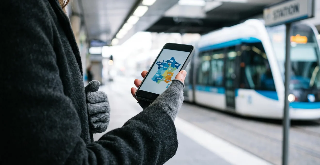 Gros plan sur les mains d'une personne consultant un comparateur de prix immobiliers sur son téléphone sur un quai de station de transports en commun.