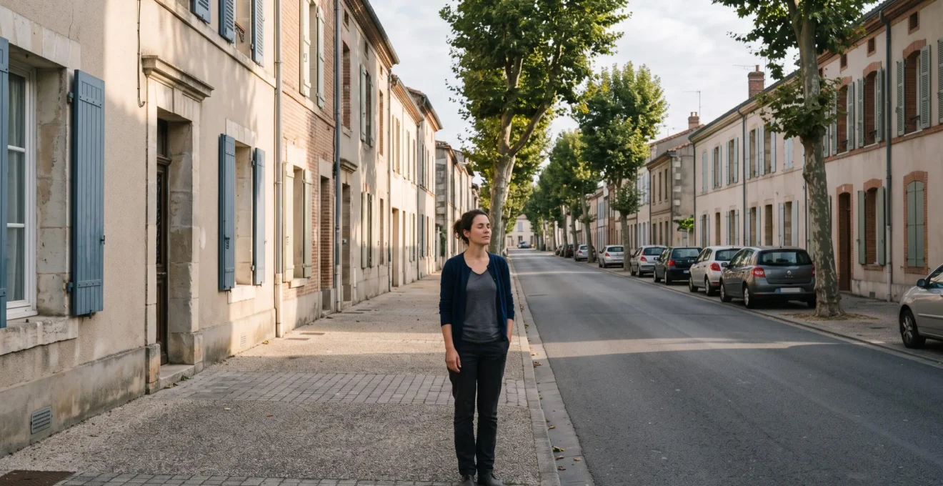 Une personne se tient immobile au milieu d'une rue résidentielle calme d'une ville française, observant les alentours.